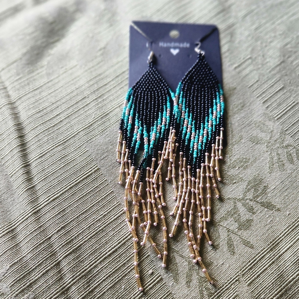 Handmade Indigenous Golden Black Turquoise Seed Bead Beaded Earrings